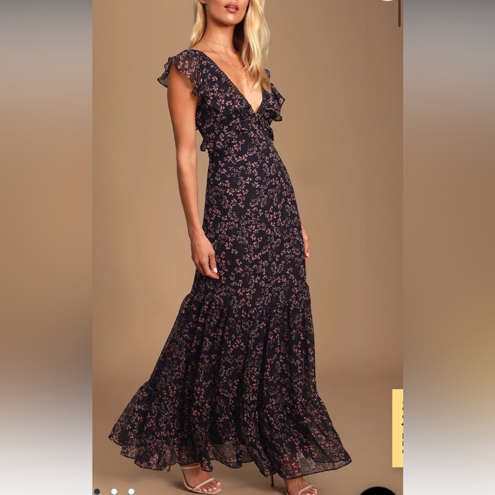 Navy Blue Floral Print Ruffled Maxi Dress